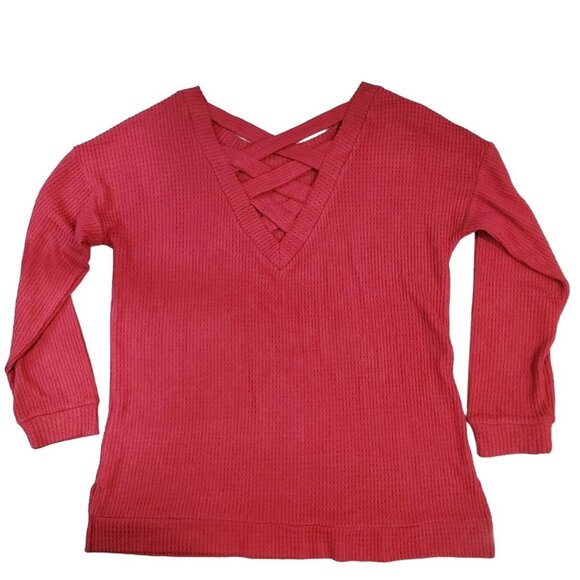 1 STATE Womens Waffle Knit Top Crisscross Back Detail Long Sleeve Size Medium - Picture 3 of 9